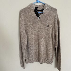 Chaps Men's Brown 3 Button Mock Neck Sweater with Elbow Patches‎ Size Large
